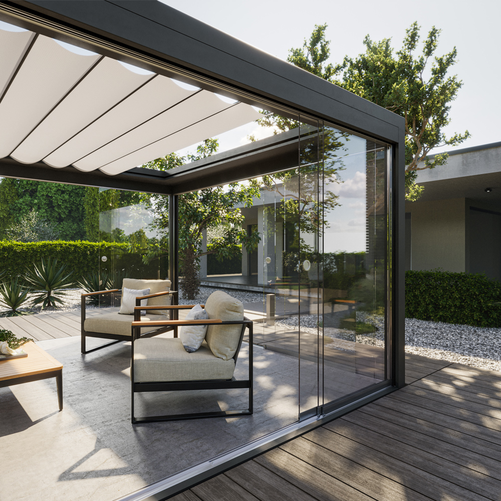 3D-Visualisierung eines modernen Gartenpavillons in luxuriösem Gartenambiente mit realistischer Licht- und Materialsituation