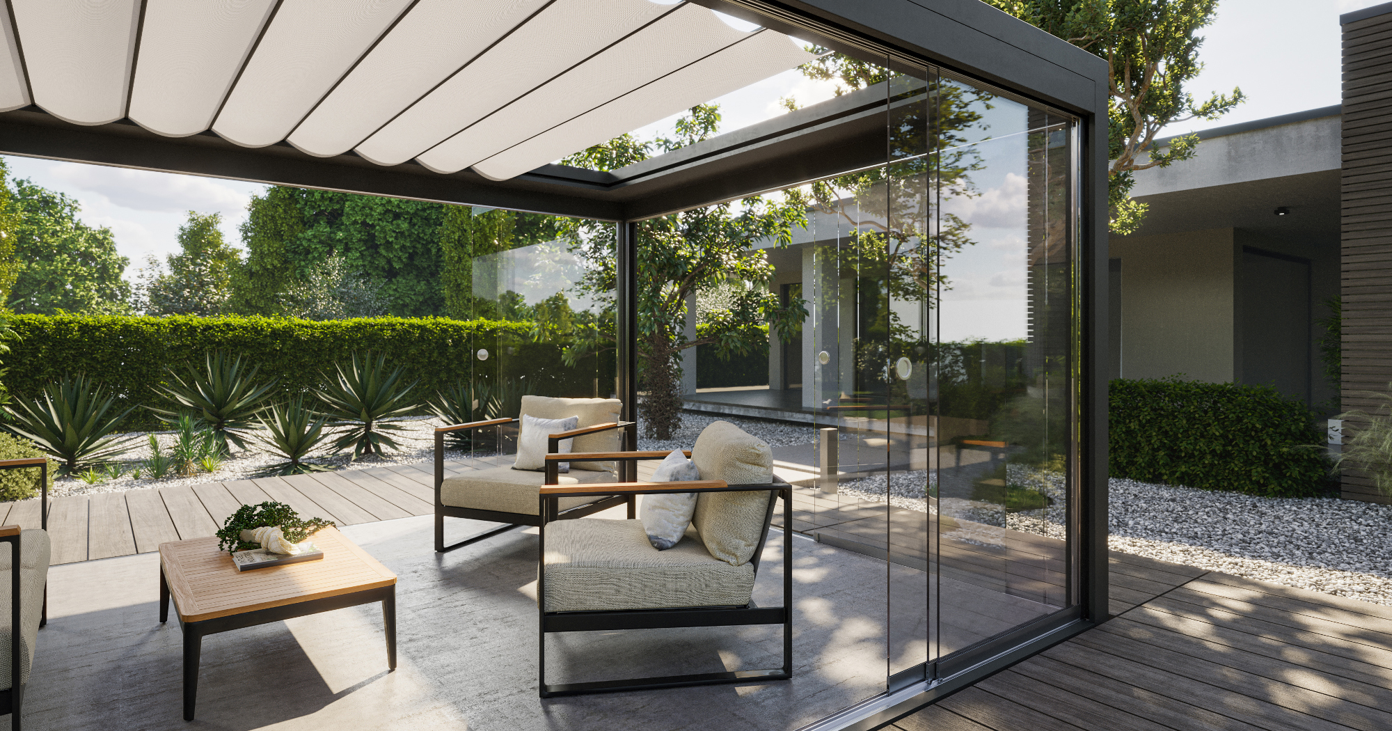 3D-Visualisierung eines modernen Gartenpavillons in luxuriösem Gartenambiente mit realistischer Licht- und Materialsituation