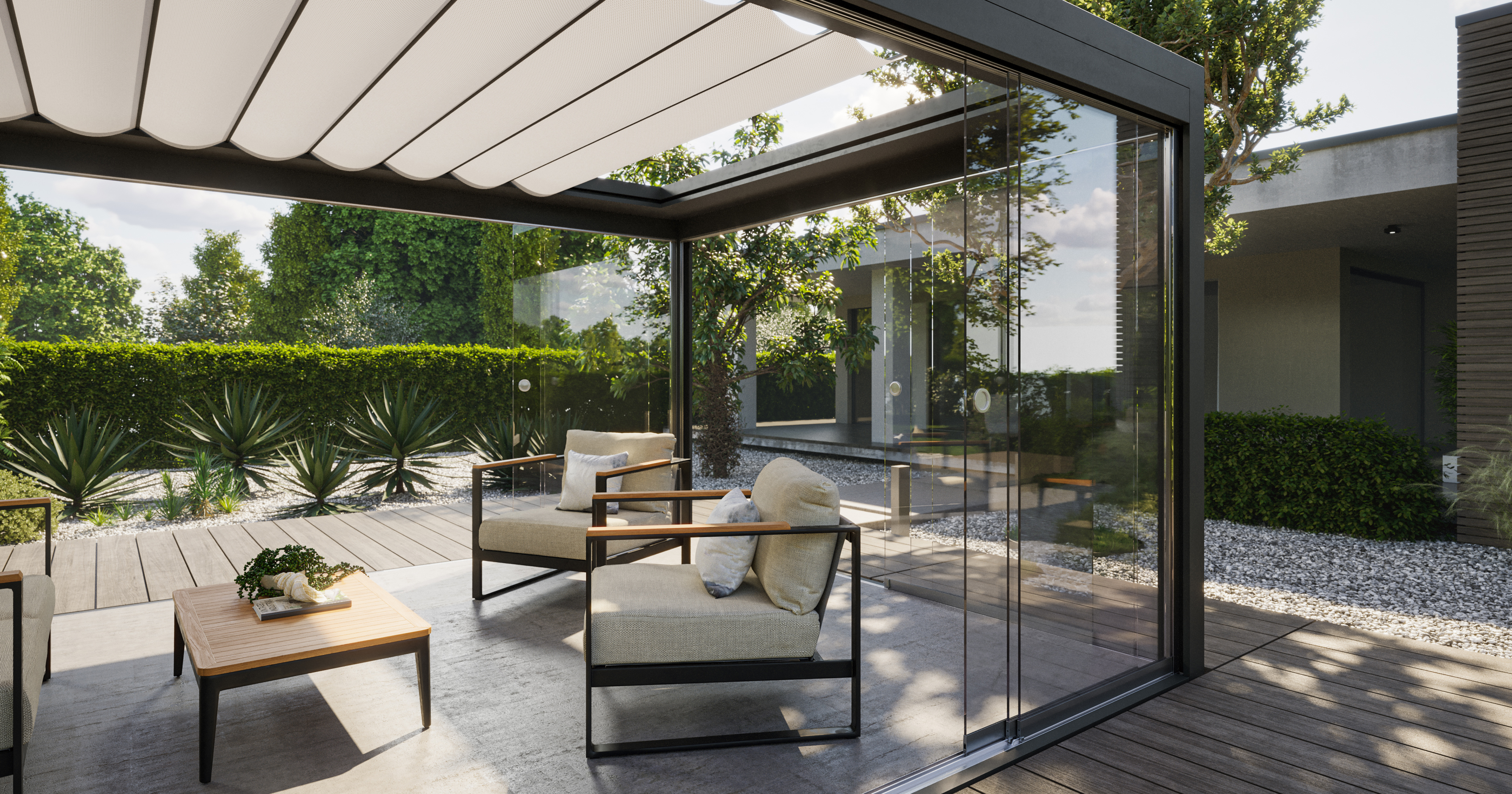 3D-Visualisierung eines modernen Gartenpavillons in luxuriösem Gartenambiente mit realistischer Licht- und Materialsituation