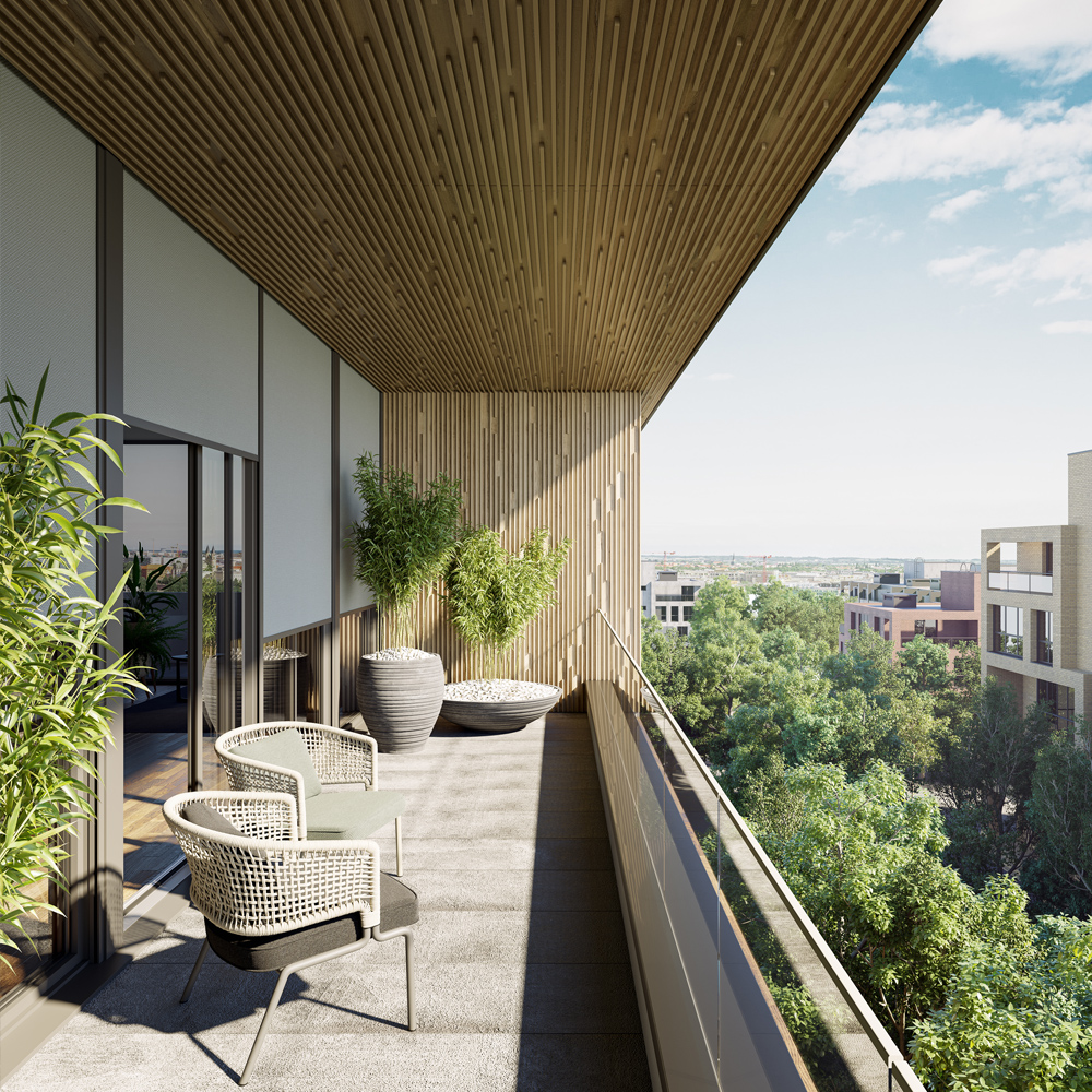 3D-Visualisierung einer Loggia als Teil eines modernen Mehrfamilienhauses mit komfortabler Architektur und realistischer Umgebung