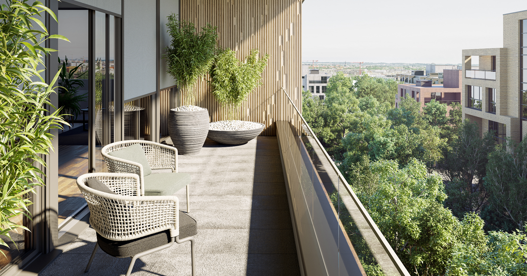 3D-Visualisierung einer Loggia als Teil eines modernen Mehrfamilienhauses mit komfortabler Architektur und realistischer Umgebung