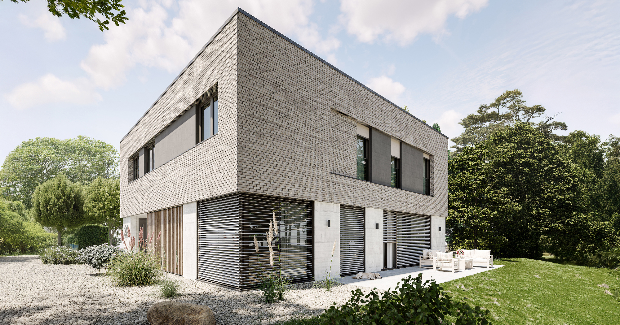 3D-Visualisierung eines modernen Einfamilienhauses mit großzügigem Garten und realitätsnaher Lichtstimmung