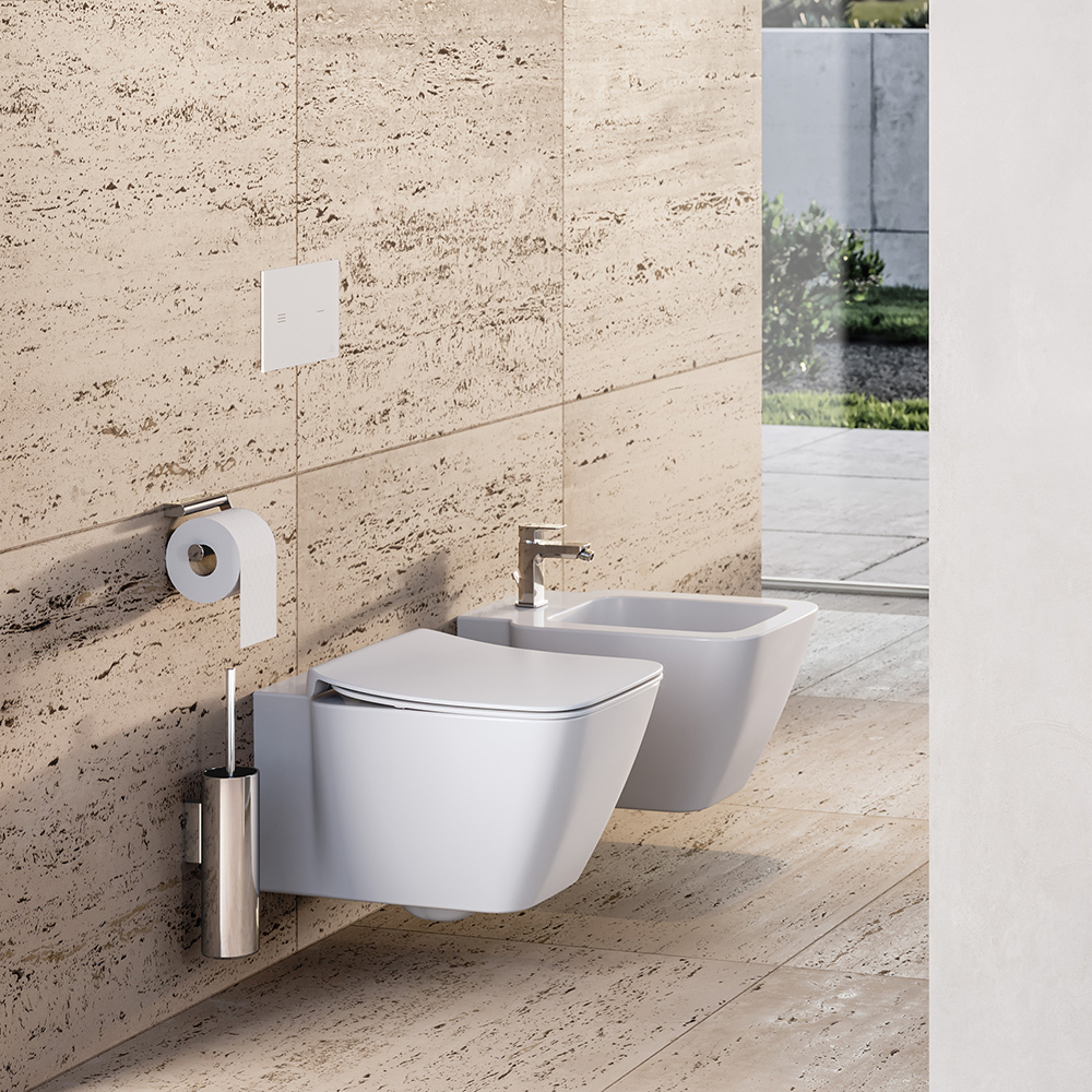 3D-Visualisierung eines modernen, großzügigen Badezimmers mit hochwertiger Innenarchitektur und stimmungsvoller Lichtsetzung