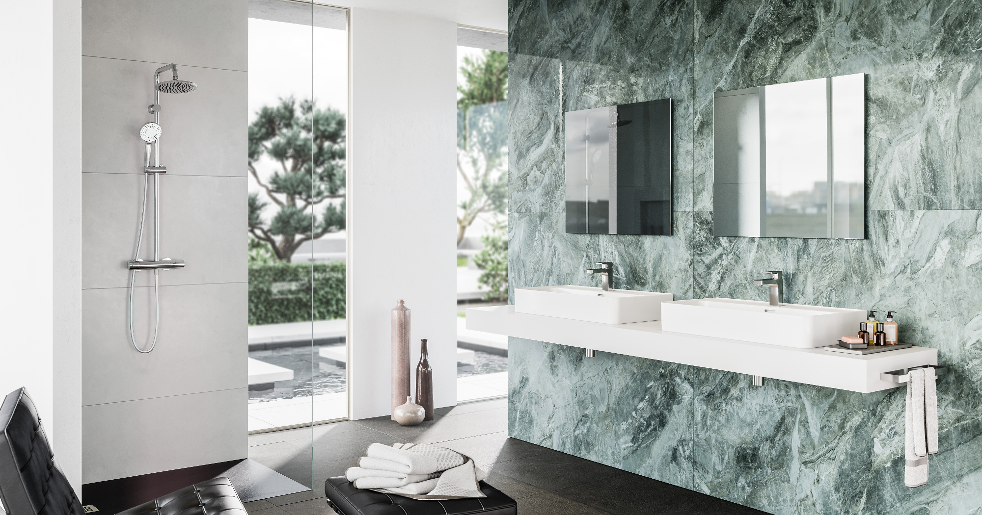 3D-Visualisierung eines luxuriösen Badezimmers mit grünem Marmor, hochwertiger Innenarchitektur und atmosphärischer Lichtstimmung