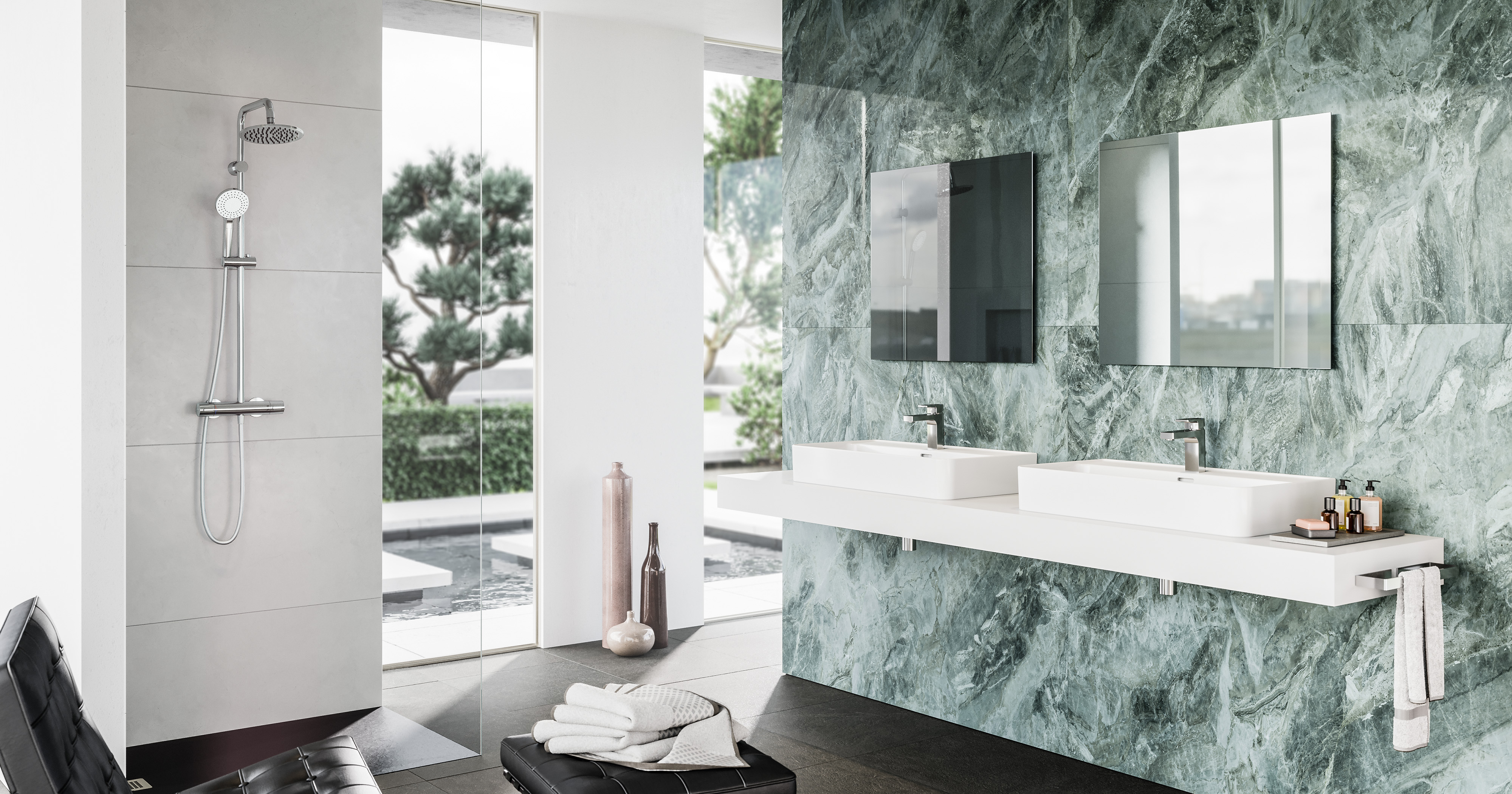 3D-Visualisierung eines luxuriösen Badezimmers mit grünem Marmor, hochwertiger Innenarchitektur und atmosphärischer Lichtstimmung