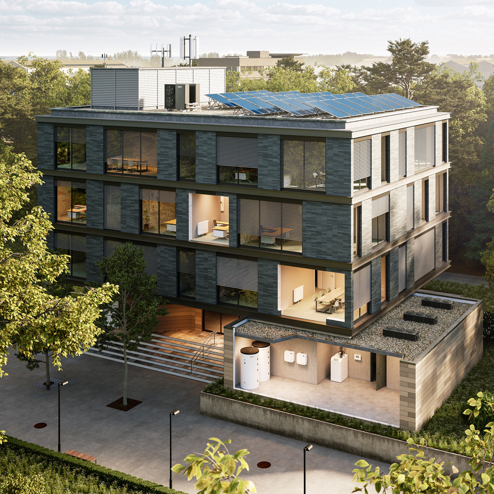 3D-Visualisierung der Haustechnik eines modernen Bürogebäudes mit Photovoltaikanlage und Wärmepumpensystem in technischer Darstellung