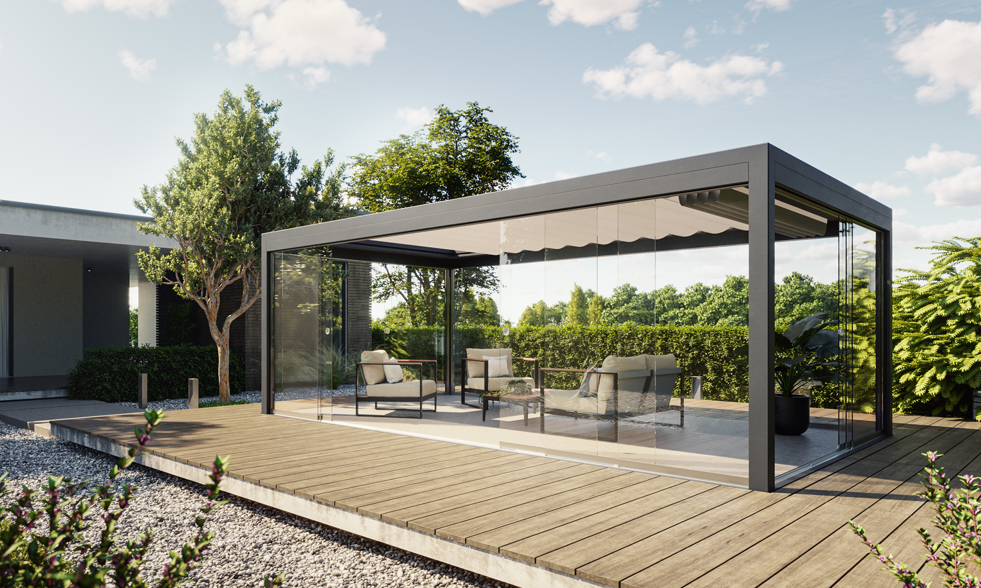 Fotorealistische 3D-Visualisierung eines modernen Pavillon mit Innenraum und Landschaft in realistischer Lichtstimmung